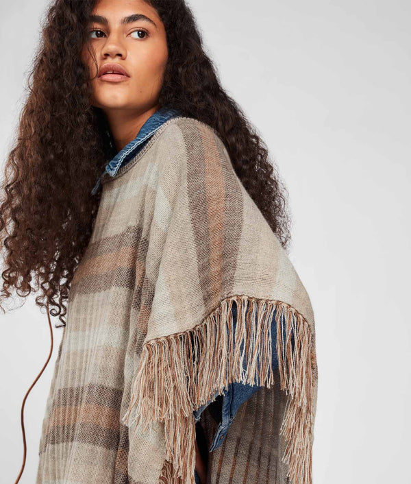 Poncho A Rayas Rib Reversible - Glaciar Gris Y Humus