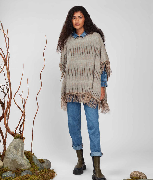 Poncho A Rayas Rib Reversible - Glaciar Gris Y Humus