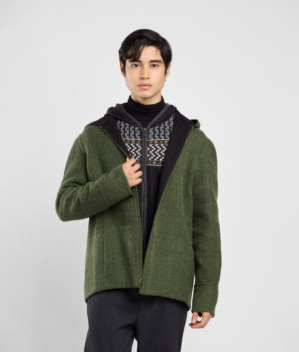 Casaca Con Capucha Reversible - rama de olivo y negro jaspeado