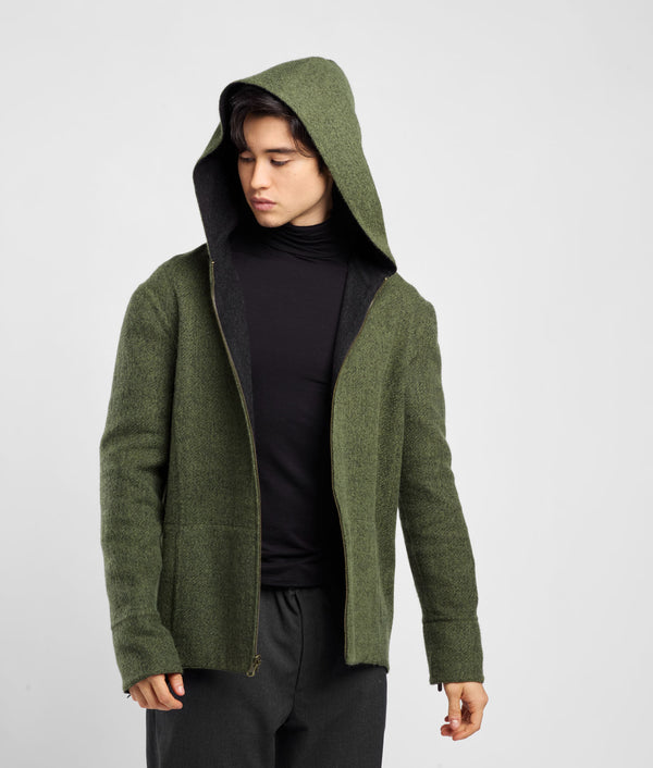 Casaca Con Capucha Reversible - rama de olivo y negro jaspeado