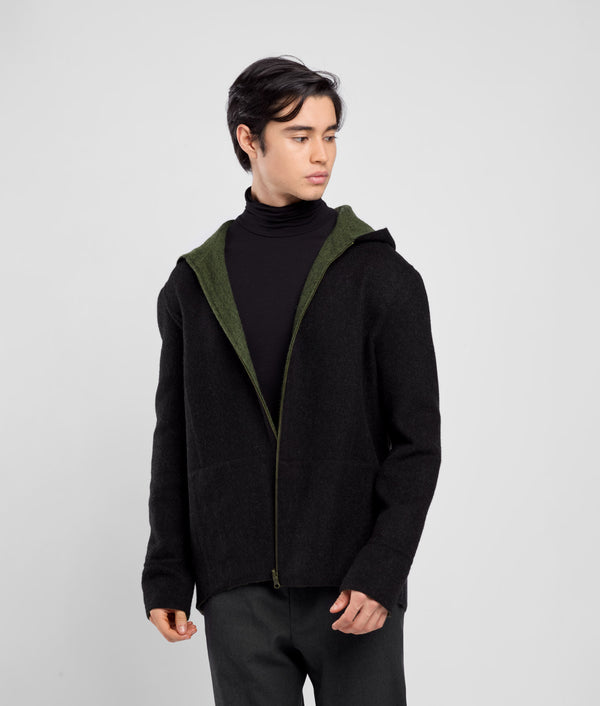 Casaca Con Capucha Reversible - rama de olivo y negro jaspeado
