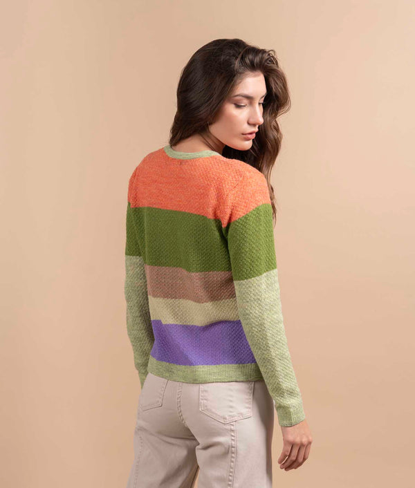 Chompa A Rayas De Panal Con Cuello Redondo - Naranja Calabaza Y Verde Lima Medio