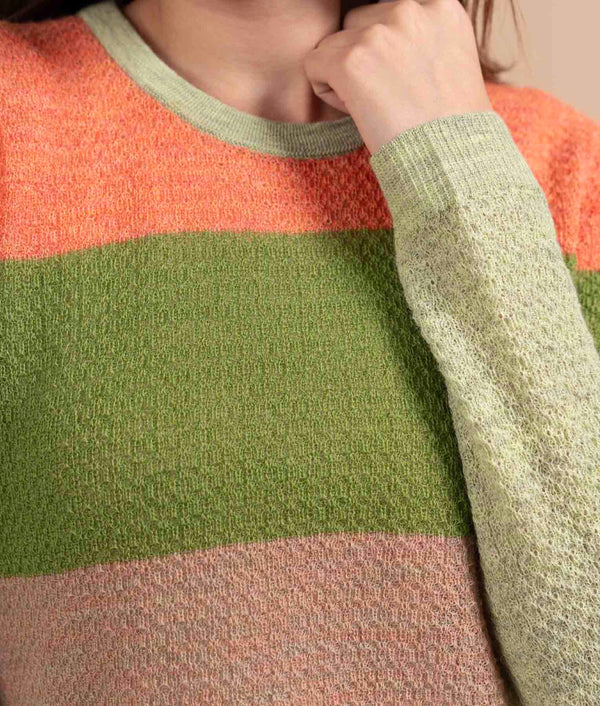 Chompa A Rayas De Panal Con Cuello Redondo - Naranja Calabaza Y Verde Lima Medio