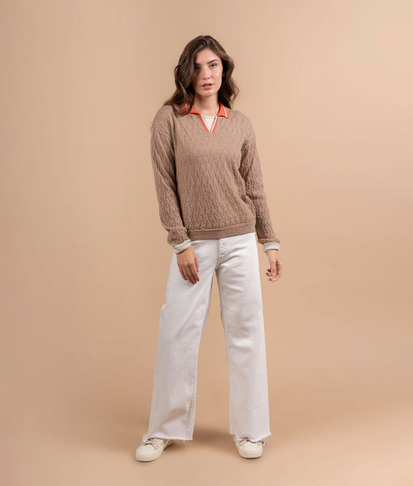 Chompa De Cuello Polo El Arroyo - Beige Jaspeado Y Coral